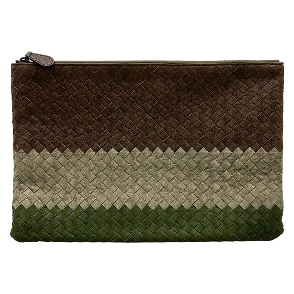 Bottega Veneta Intrecciato Clutch Bag Dark Brown Beige Dark Green